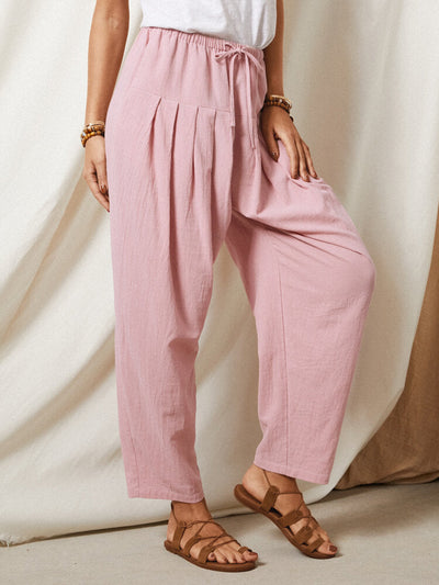 Solid Color Pleated Drawstring Elastic Waist Casual Pants With Pocket