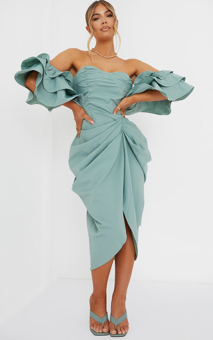 Stunning Sage Green Midi Dress with Frill Sleeves
