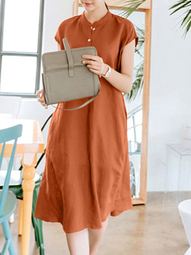 Solid Tie Back Button Front Short Sleeve Stand Collar  Women Dress