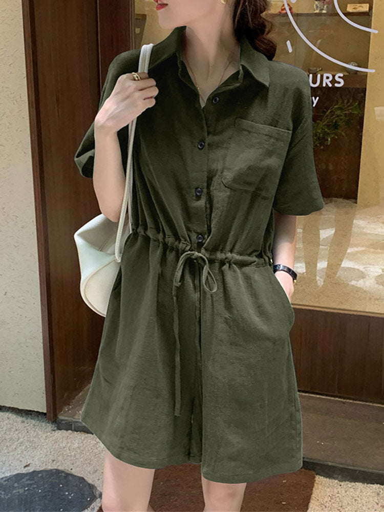 Solid Drawstring Waist Pocket Button Front Lapel Cargo  Women Romper