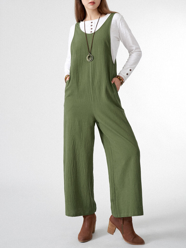 Solid Pocket Open Back Sleeveless Straight Leg  Women Jumpsuits