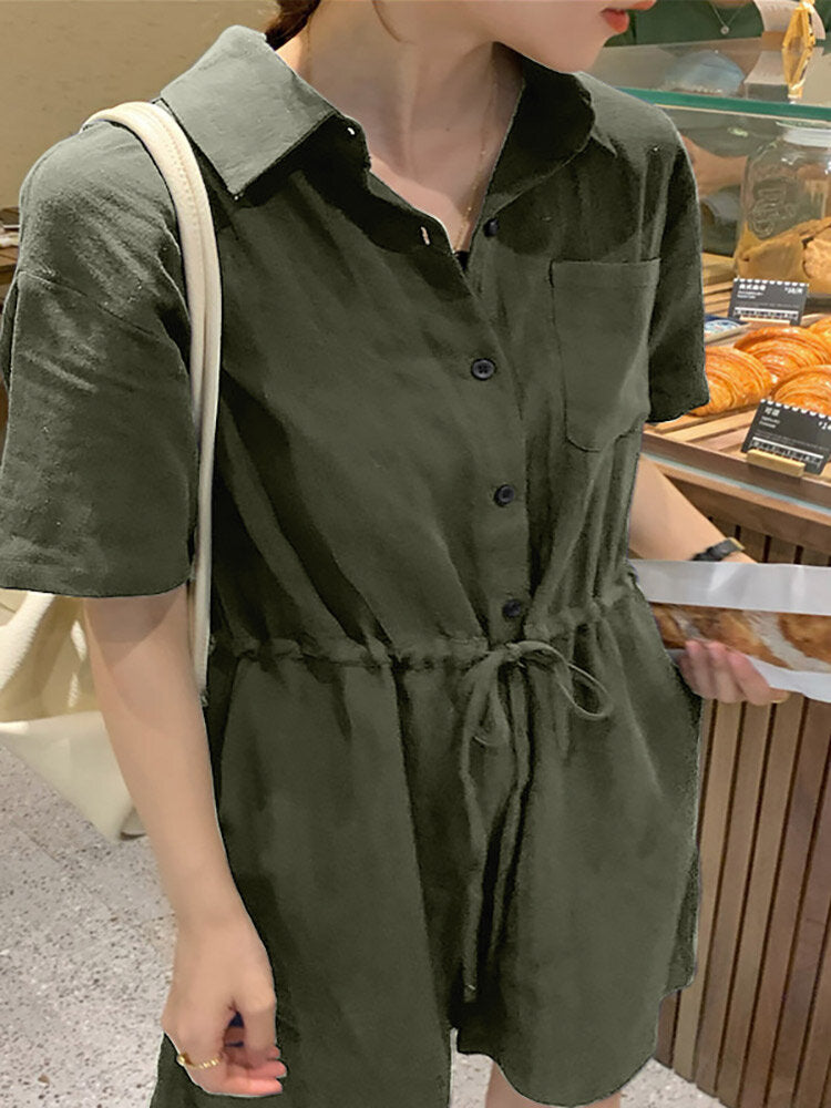 Solid Drawstring Waist Pocket Button Front Lapel Cargo  Women Romper