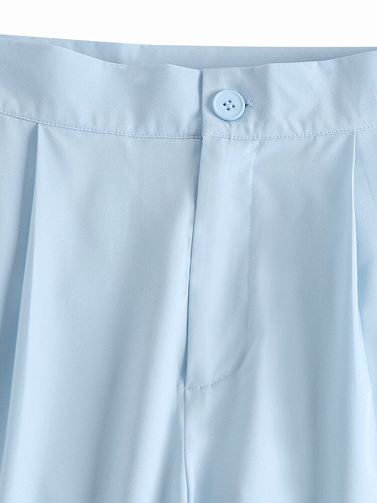 Solid Split Hem High Waist Pleats Full Length Pants