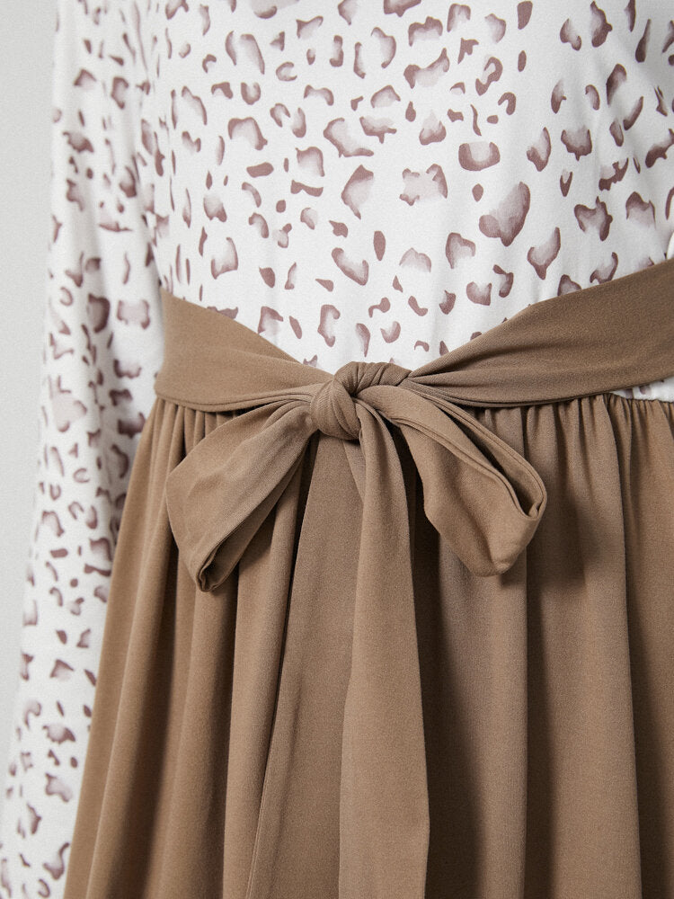 Leopard Check Stitch Bowknot Long Sleeve Crew Neck Dress