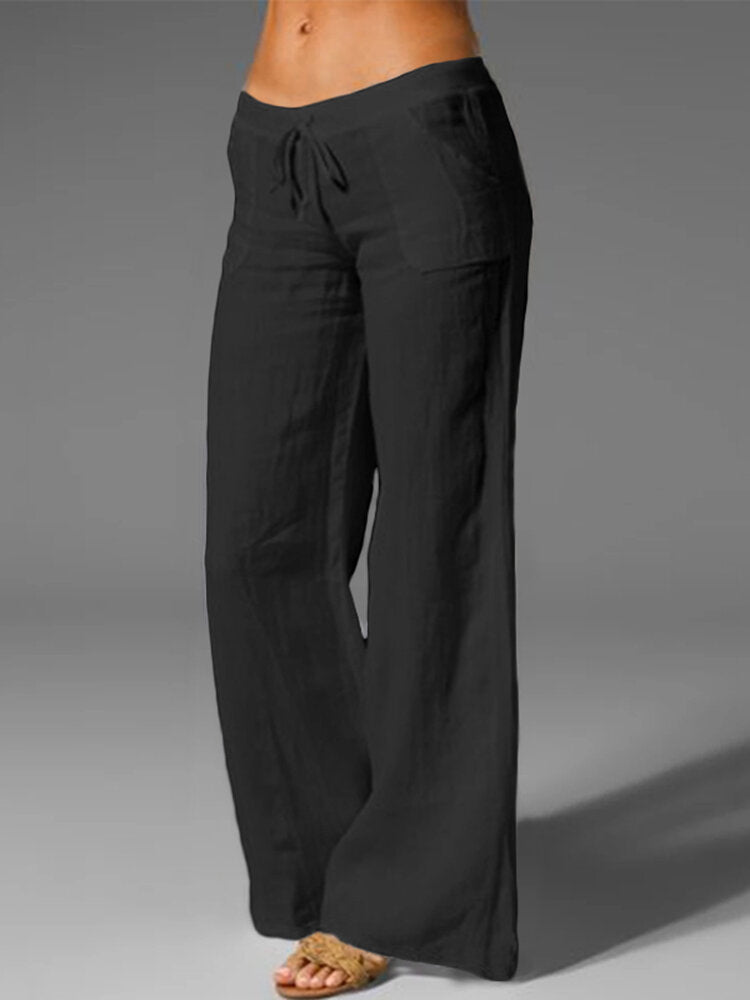 Solid Drawstring Waist Pocket Wide Leg Pants For Women