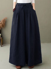 Solid Drawstring High Waist Pocket Wide Leg Pants