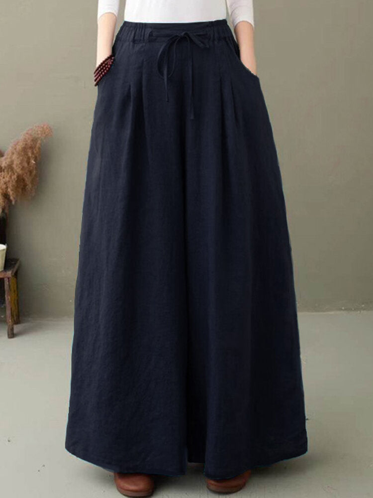 Solid Drawstring High Waist Pocket Wide Leg Pants