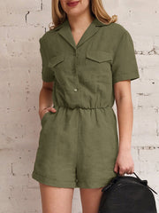 Solid Pocket Button Front Short Sleeve Lapel Cargo  Women Romper