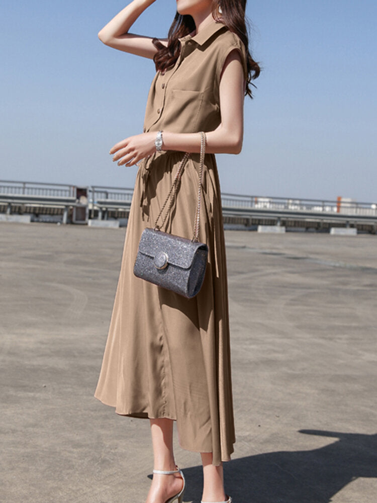 Solid Drawstring Waist Button Lapel With Belt Women Dress