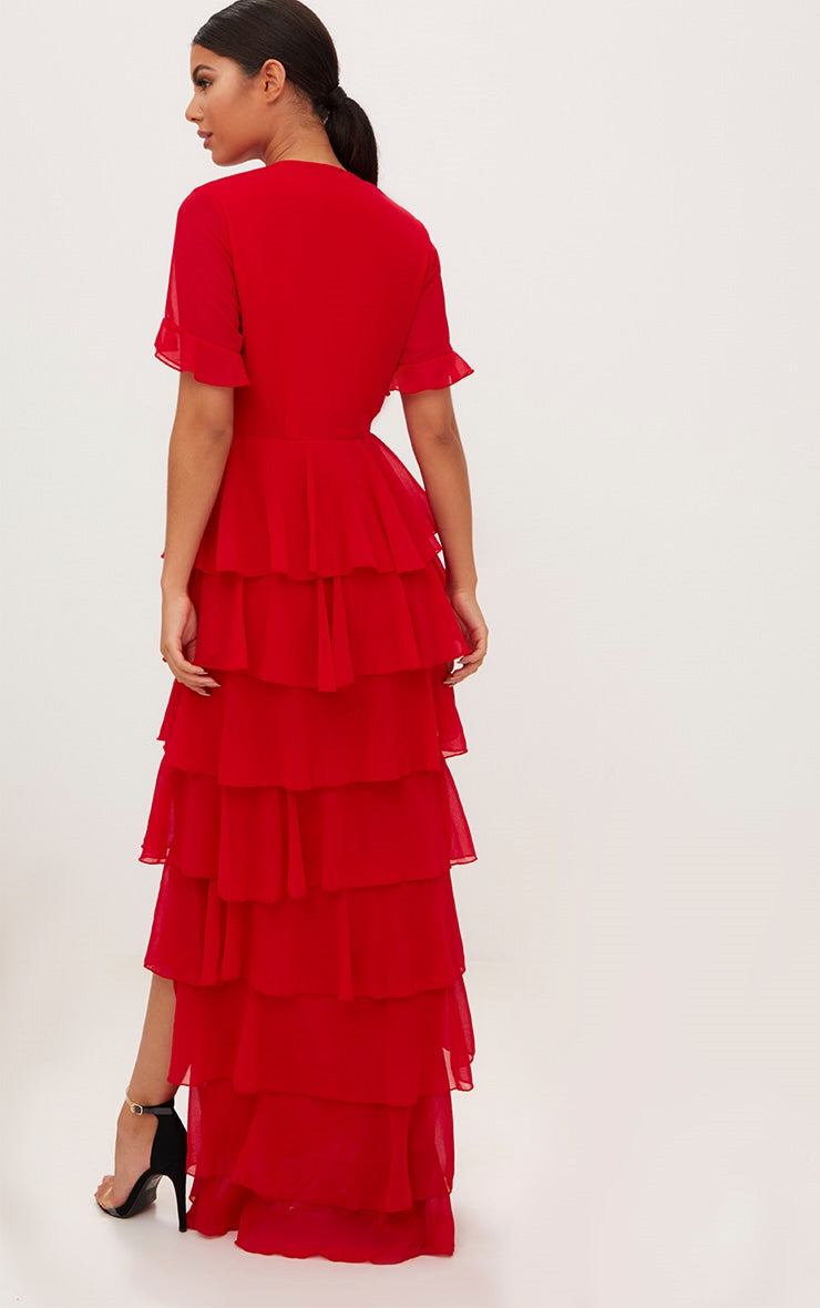 RED CHIFFON RUFFLE LAYER MAXI DRESS