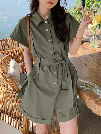 Solid Belt Button Front Pocket Short Sleeve Lapel Cargo  Women Romper