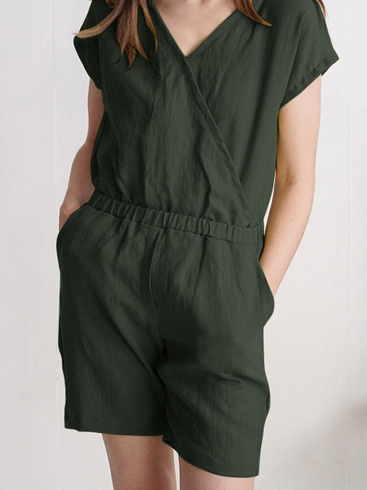 Solid Wrap V-neck Pocket Short Sleeve Casual  Women Romper
