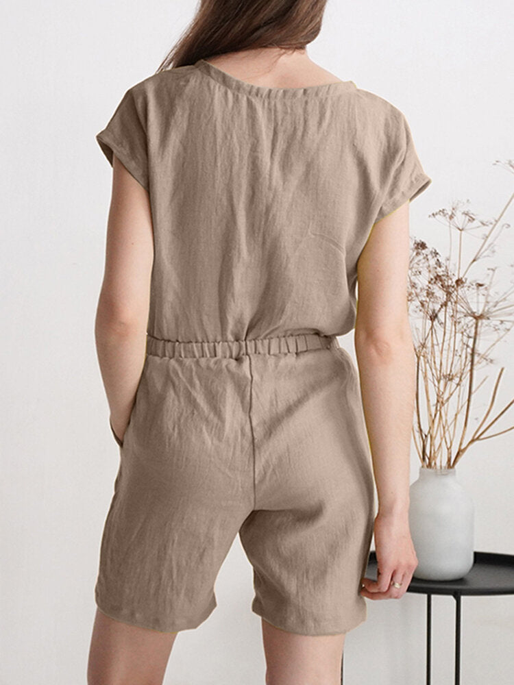 Solid Wrap V-neck Pocket Short Sleeve Casual  Women Romper