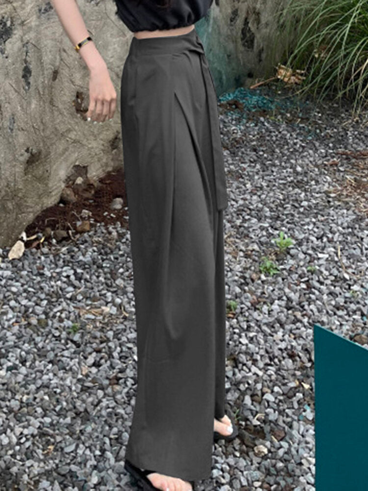 Solid Pocket Belt Wide Leg Pants For Women