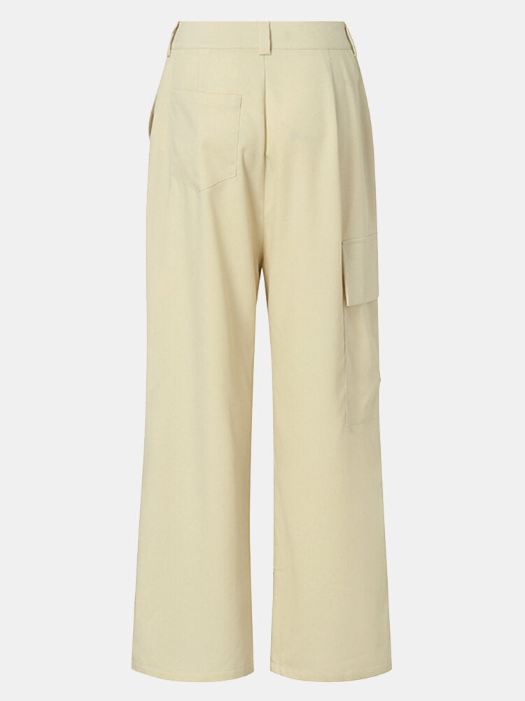 Women Solid Color Button Pocket Zip Front Loose Casual Pants