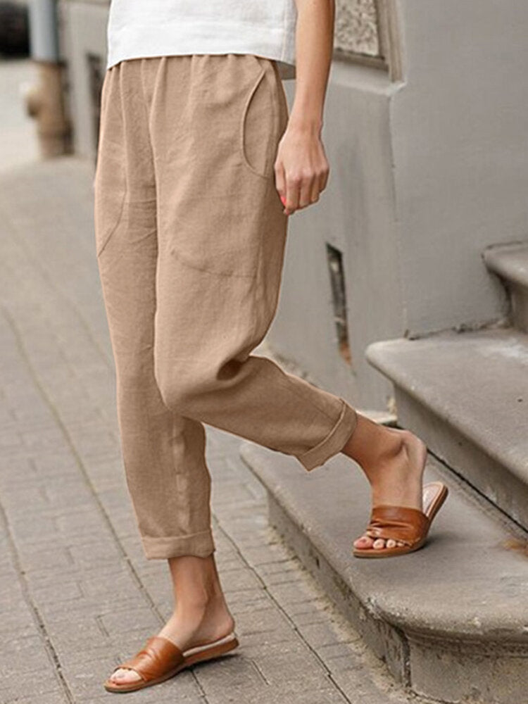 Solid Pocket Elastic Waist Casual Cotton Pants