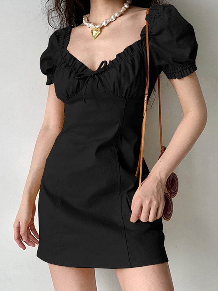 Solid Puff Sleeve Tie Front Lettuce Edge  Women Dress