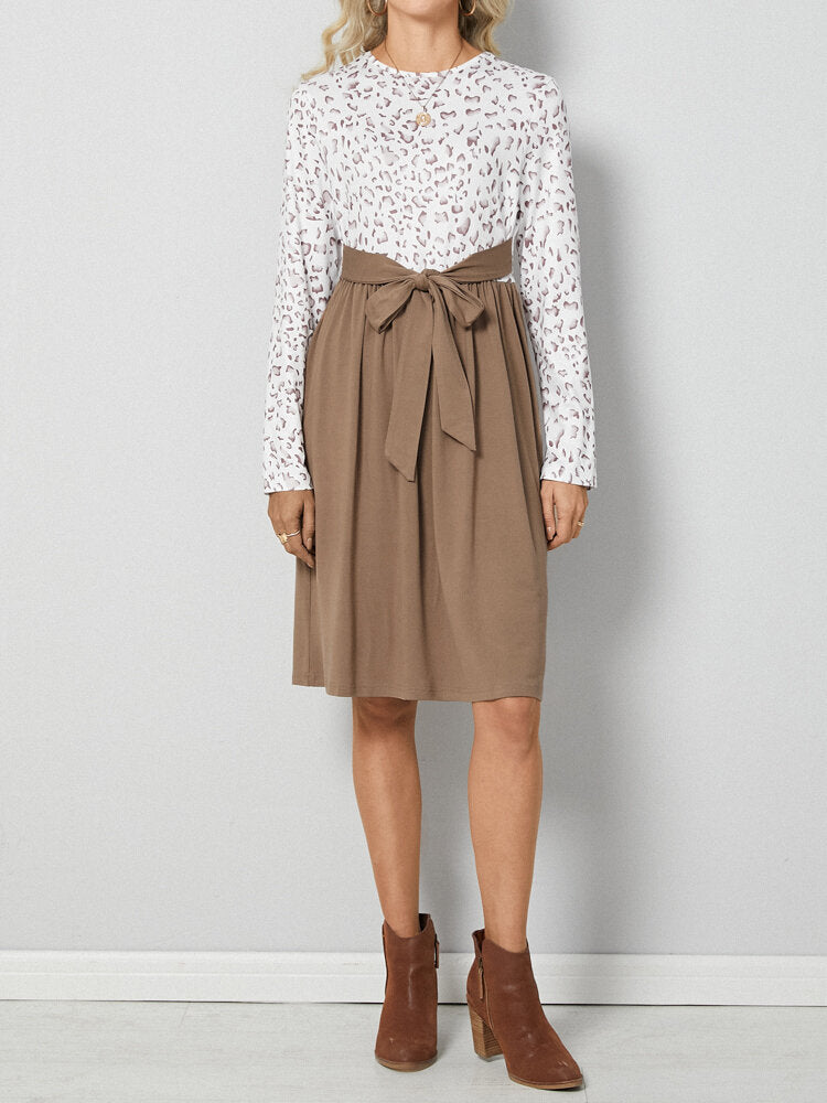 Leopard Check Stitch Bowknot Long Sleeve Crew Neck Dress