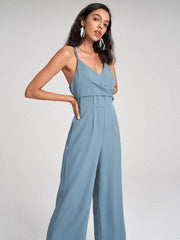 Adjustable Strap Open Back Solid Pocket Straight Leg  Women Jumpsuits