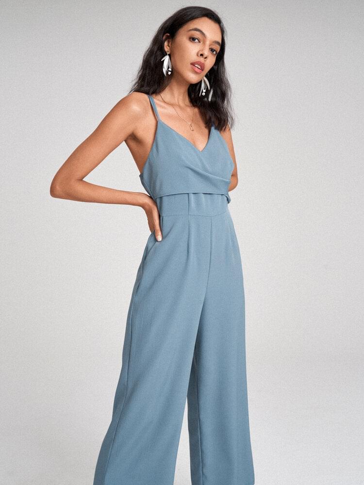 Adjustable Strap Open Back Solid Pocket Straight Leg  Women Jumpsuits