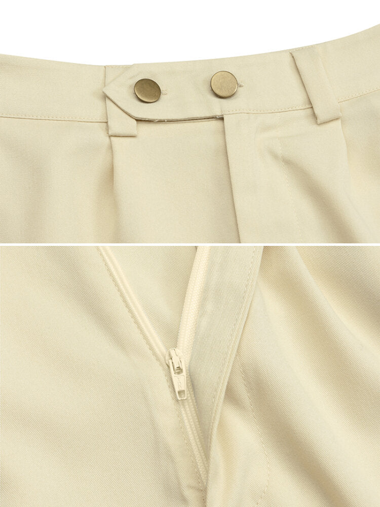 Women Solid Color Button Pocket Zip Front Loose Casual Pants