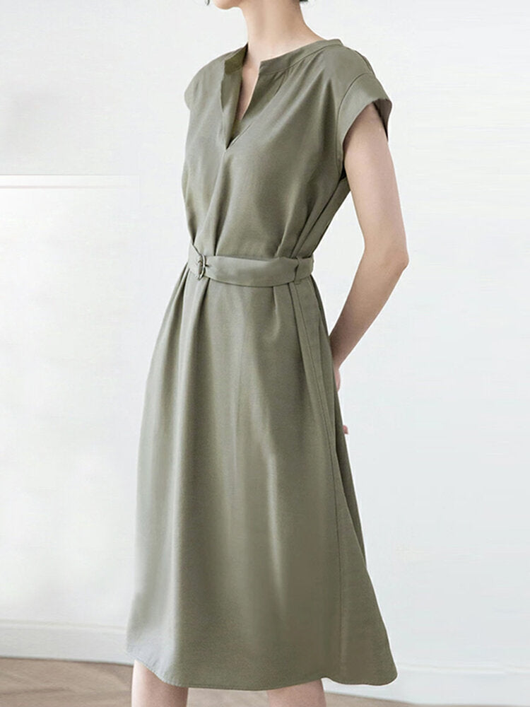 Solid Notch Neck Short Sleeve With Belt Women Dress