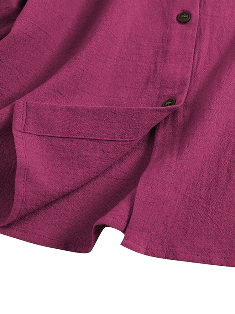 Solid Stand Collar Button Front Long Sleeve Blouse