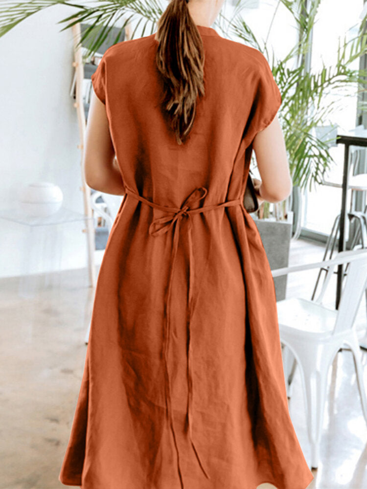 Solid Tie Back Button Front Short Sleeve Stand Collar  Women Dress