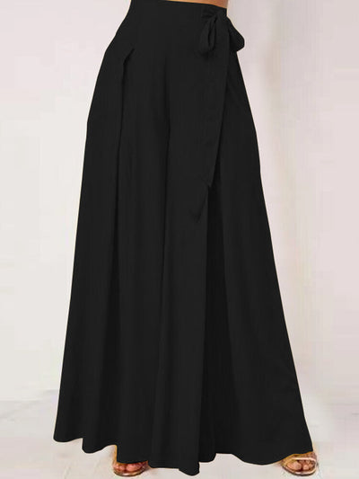 Solid Color Wide-legged Bowknot Belt Pleated Loose Pants