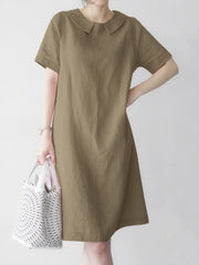 Women Solid Peter Pan Collar Short Sleeve Dress