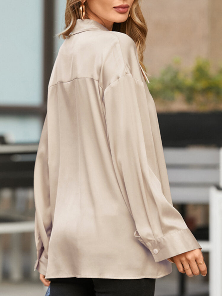 Stylish Womenâ€™s Loose Satin Blouse With Button Lapel