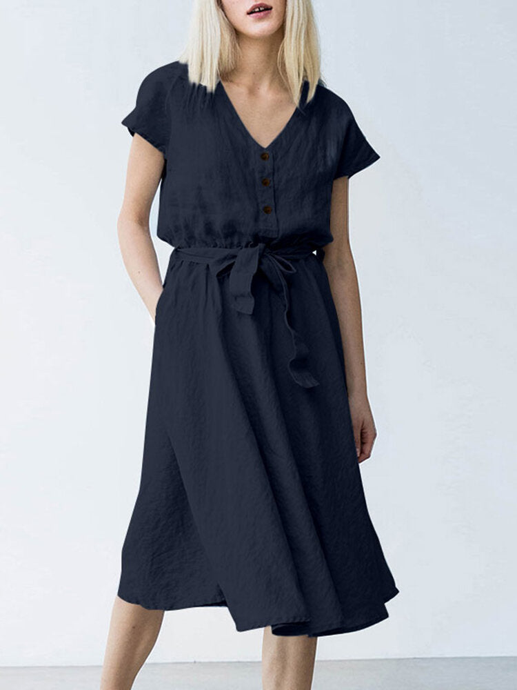 Short Sleeve Midi Dress with Belt and Pockets for Women