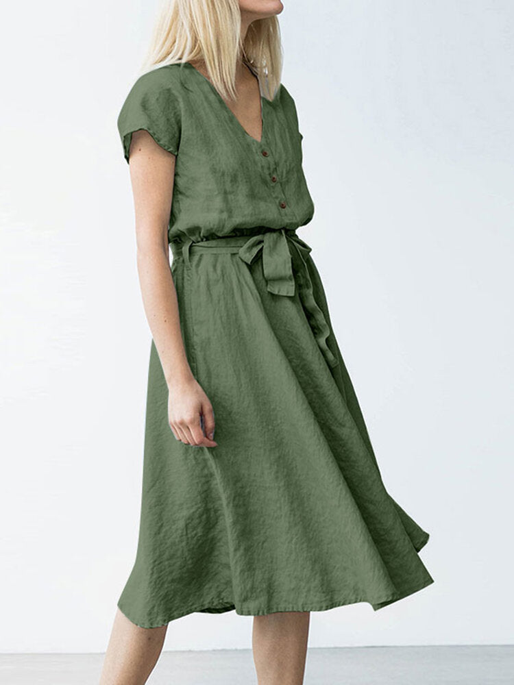 Short Sleeve Midi Dress with Belt and Pockets for Women