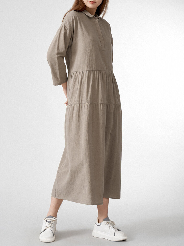 Solid Lapel Button Loose Vintage Dress For Women