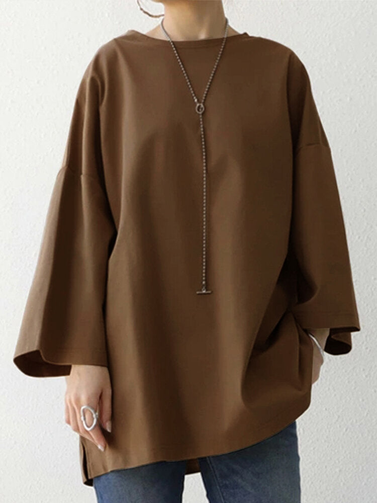 Solid Drop Shoulder Loose Crew Neck T-shirt For Women