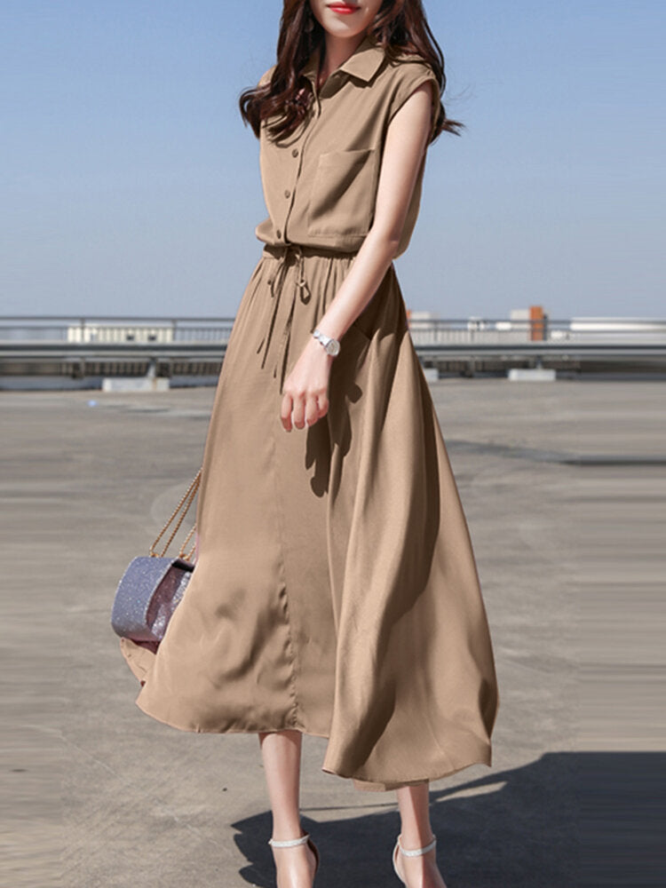 Solid Drawstring Waist Button Lapel With Belt Women Dress