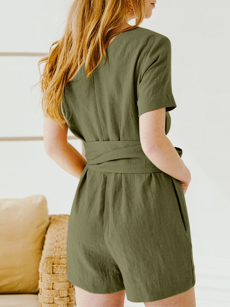 Women Solid Pocket Casual Romper With Belt