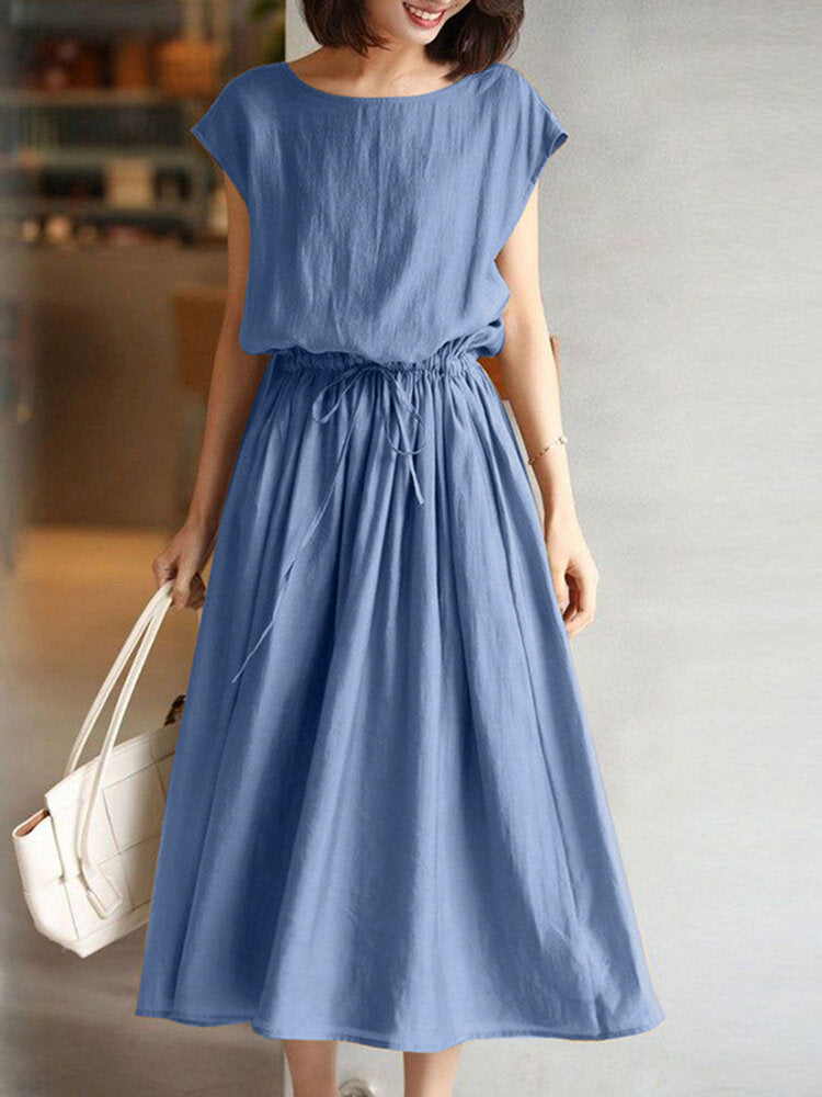Drawstring Waist Pocket Solid Short Sleeve Casual Cotton Women Dress