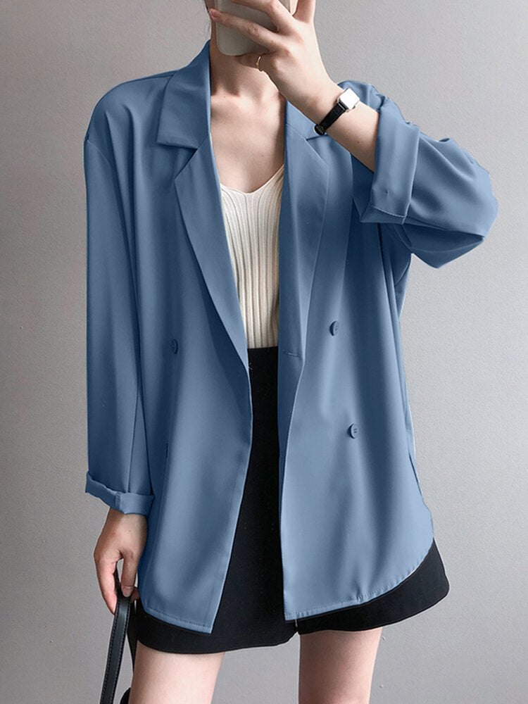 Solid Double Breasted Lapel Long Sleeve Blazer