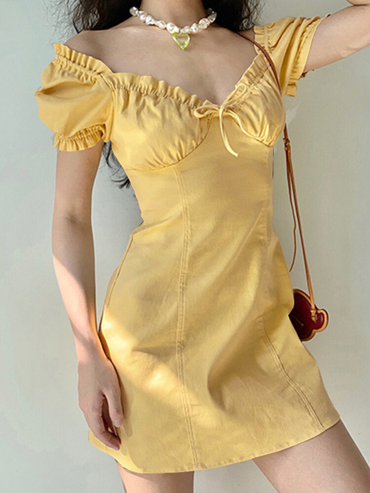 Solid Puff Sleeve Tie Front Lettuce Edge  Women Dress