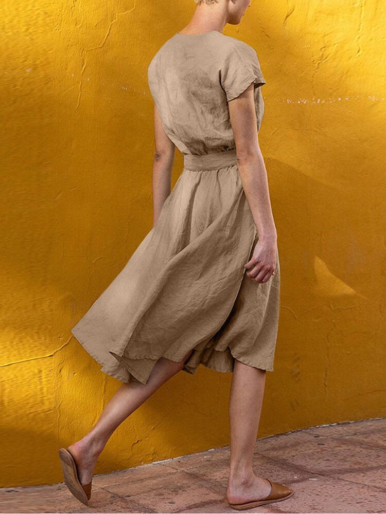 Short Sleeve Midi Dress with Belt and Pockets for Women
