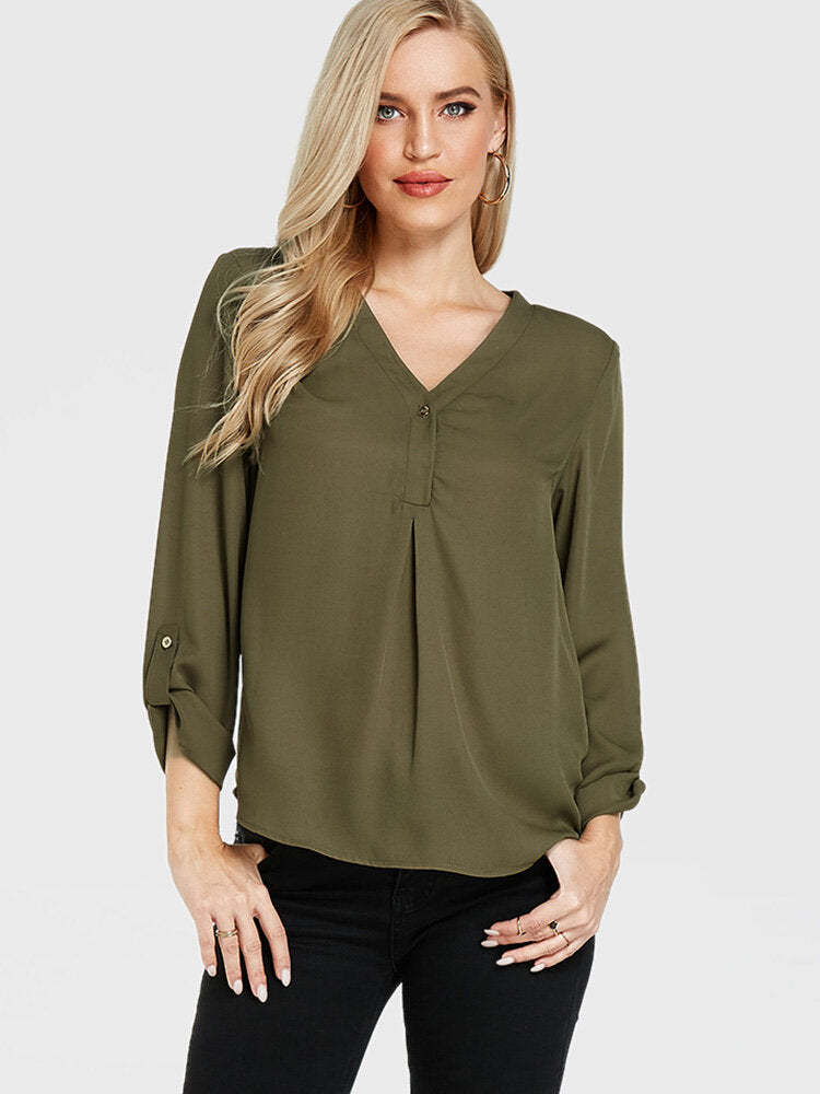 Solid Long Sleeve V-neck Casual Blouse