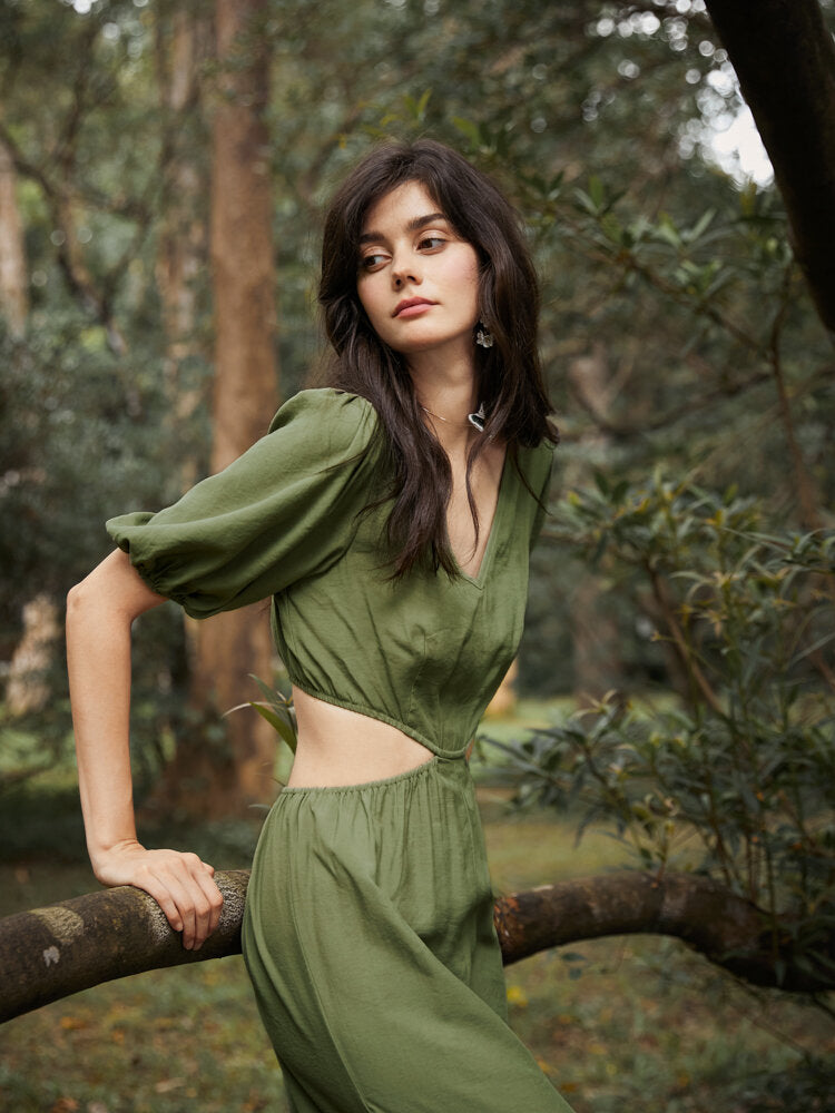 Solid Cut Out Waist Puff Sleeve V-neck Wide Leg  Women Jumpsuits