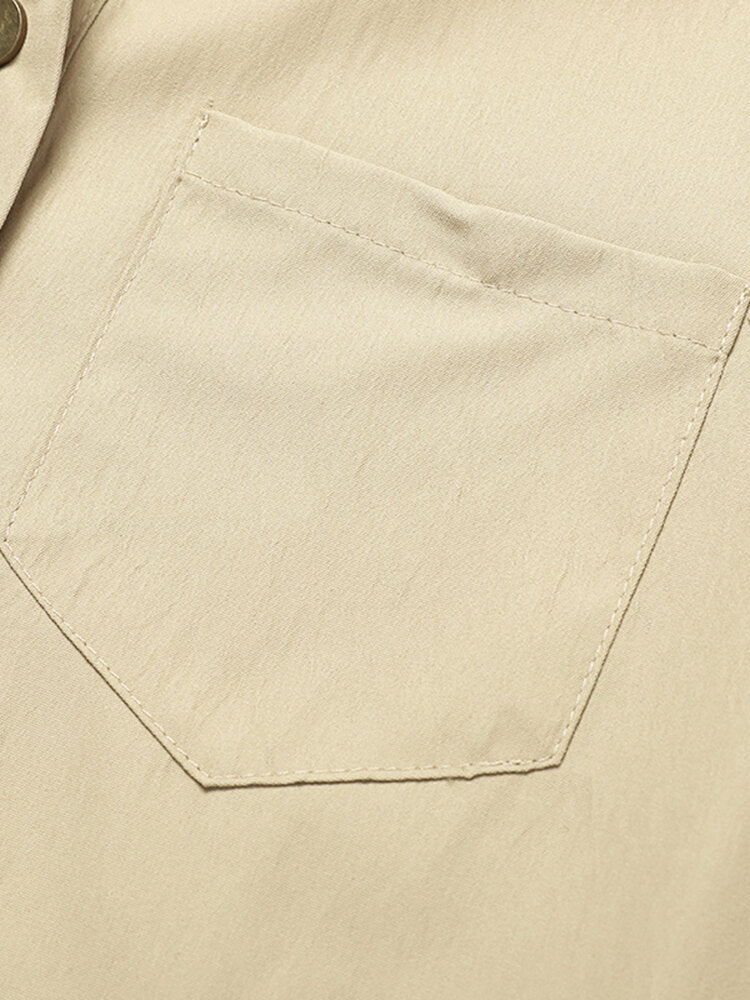 Solid Color Short Sleeve Pockets Lapel Casual Women Dress