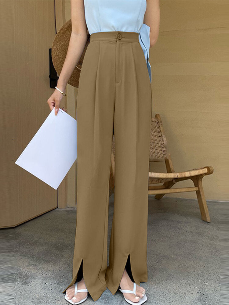 Solid Split Hem High Waist Pleats Full Length Pants