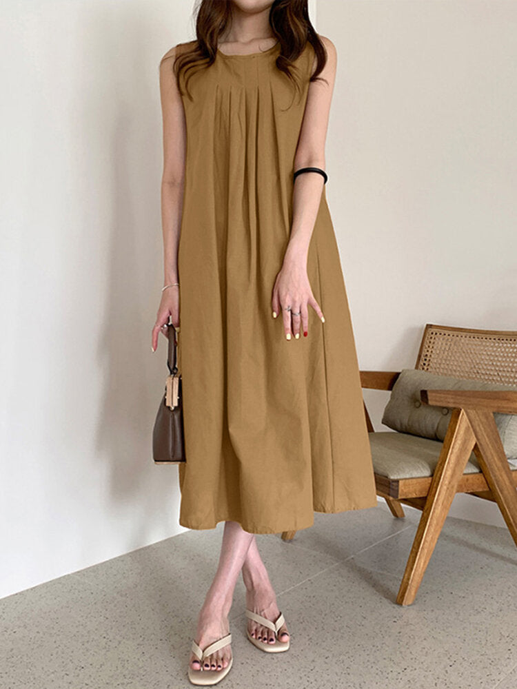 Solid O-neck Pleated Sleeveless Pocket Women Casual Dress