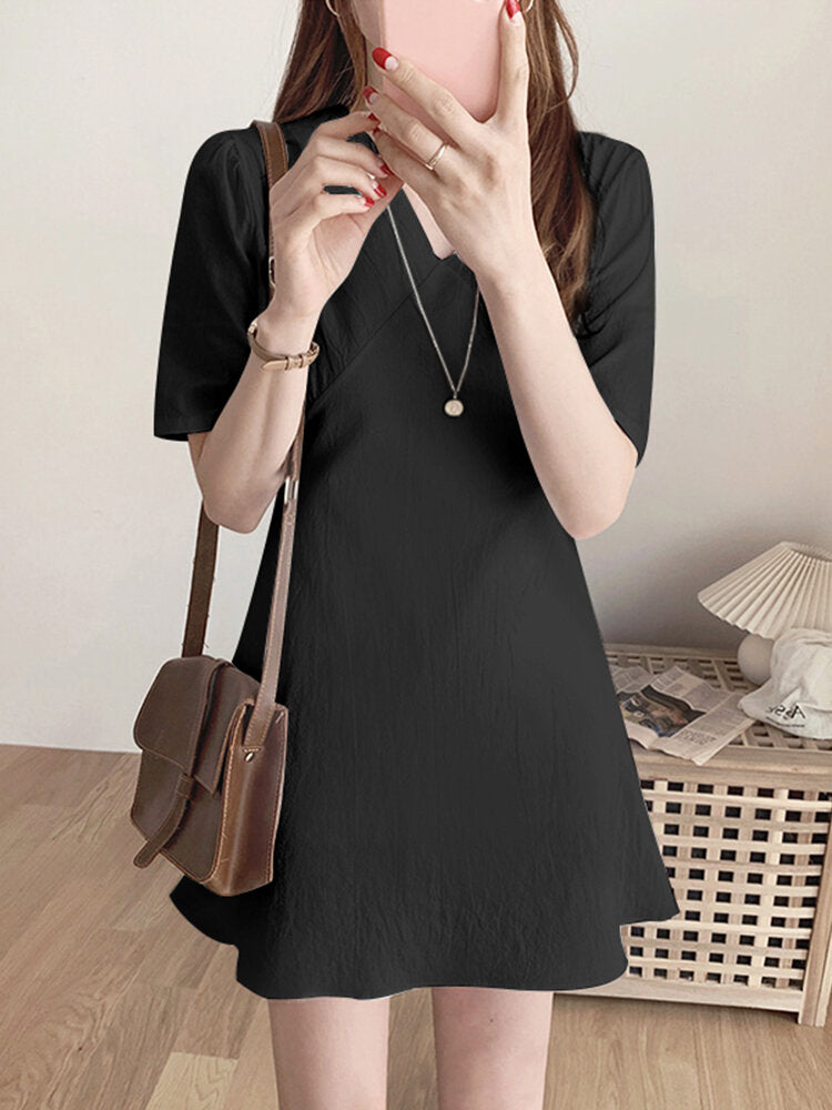 Solid Short Sleeve Invisible Zip V-neck A-line  Women Dress