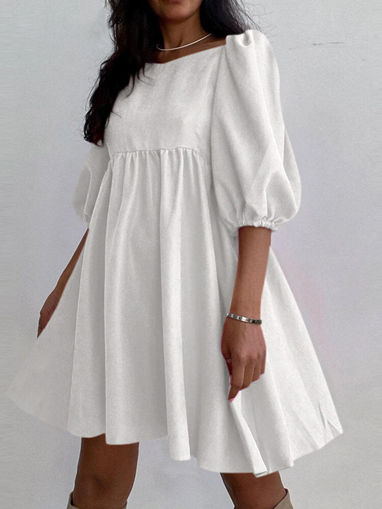 Puff Sleeve Square Collar Solid Dress For Women