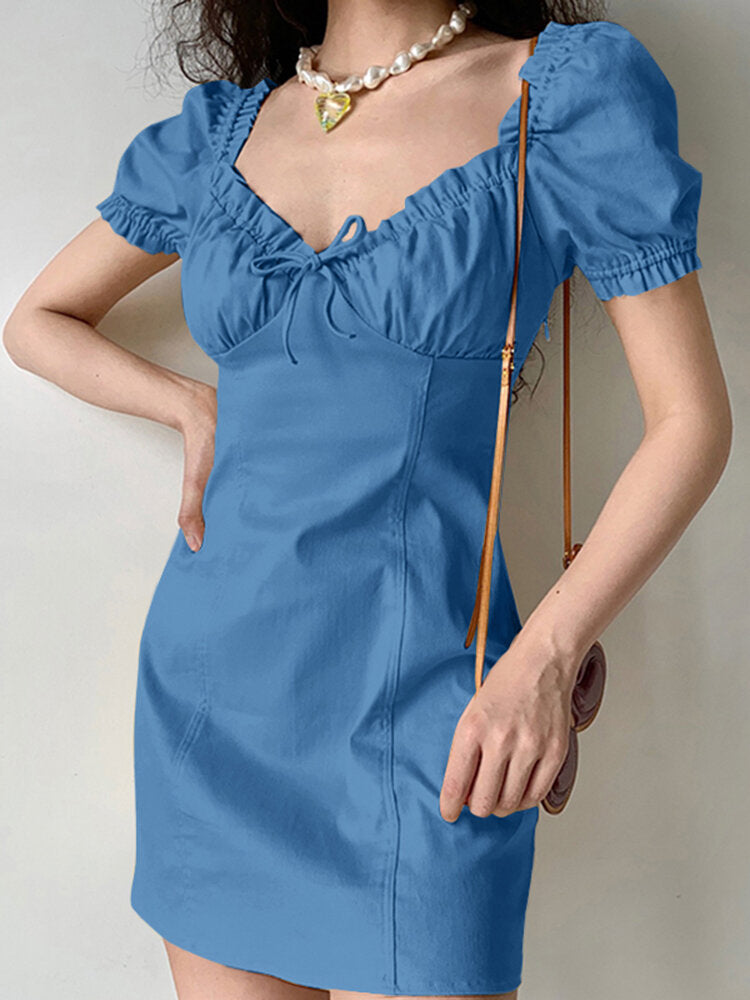 Solid Puff Sleeve Tie Front Lettuce Edge  Women Dress