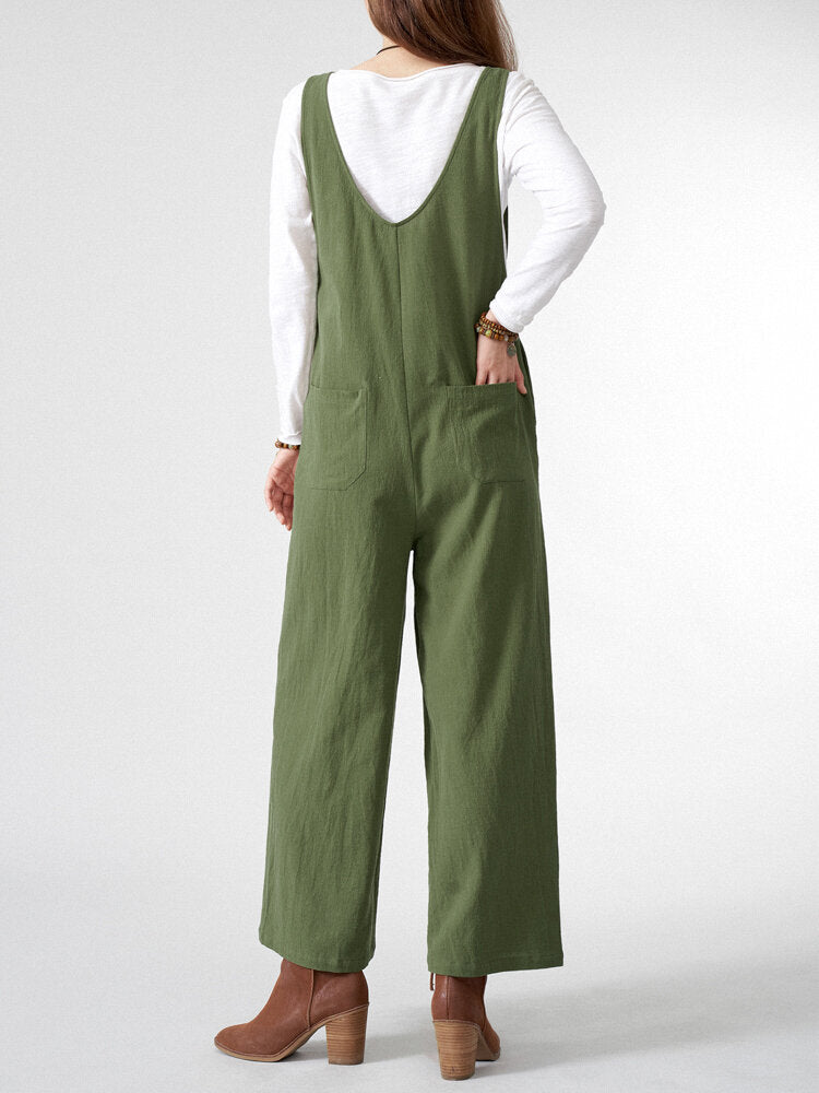 Solid Pocket Open Back Sleeveless Straight Leg  Women Jumpsuits
